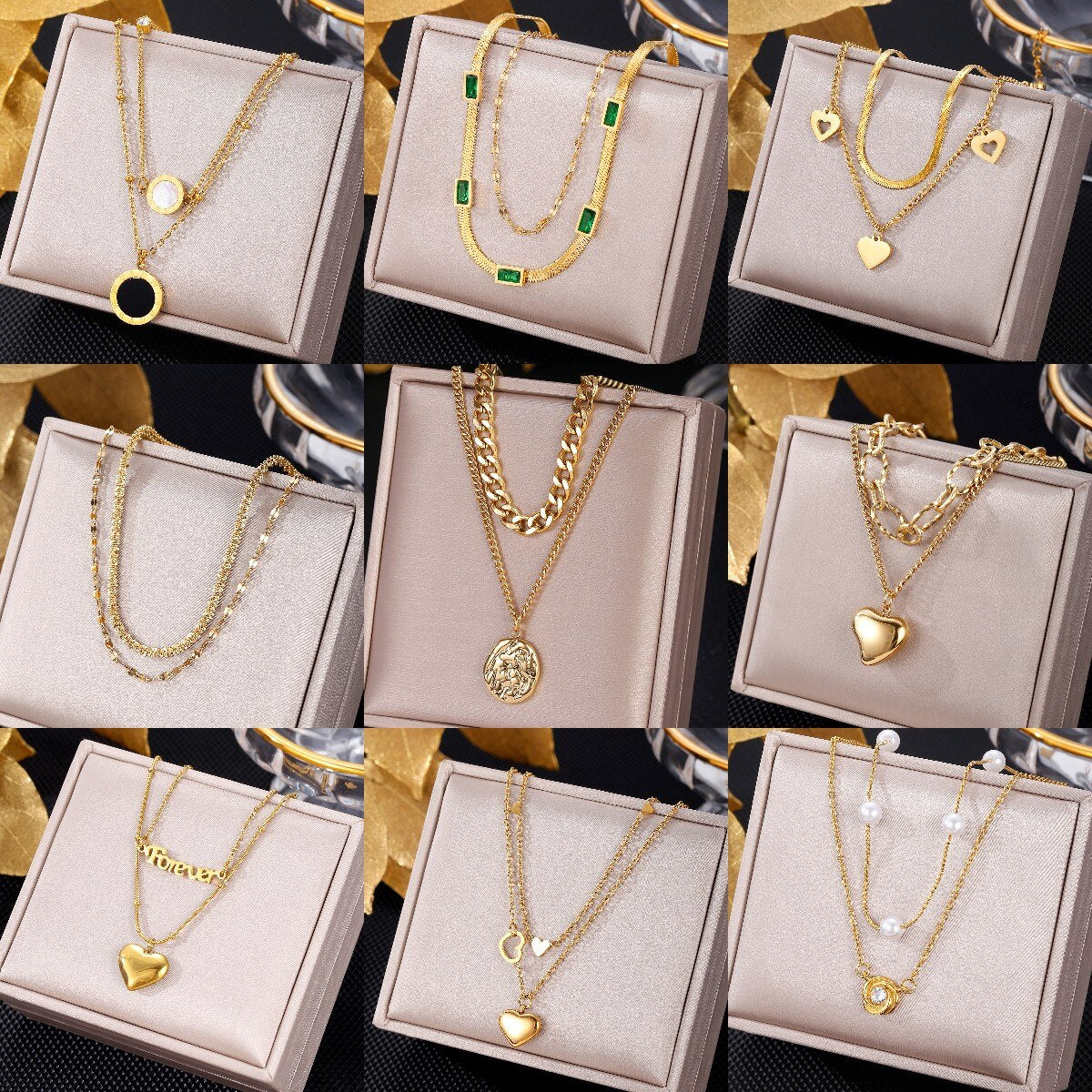 Double Sided Black White Shell Pendant Necklace Stainless Steel Roman Numeral Layered Heart Choker Charm Jewelry Gift