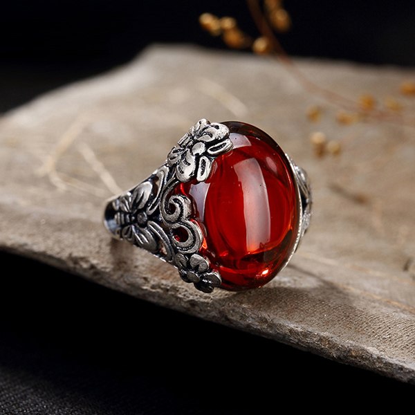 Fashion Elegant Butterfly Plum Blossom Carnelian Garnet Corundum Open Ring 925 Sterling Silver Women Jewelry