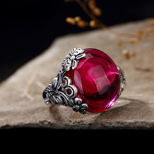 Fashion Elegant Butterfly Plum Blossom Carnelian Garnet Corundum Open Ring 925 Sterling Silver Women Jewelry