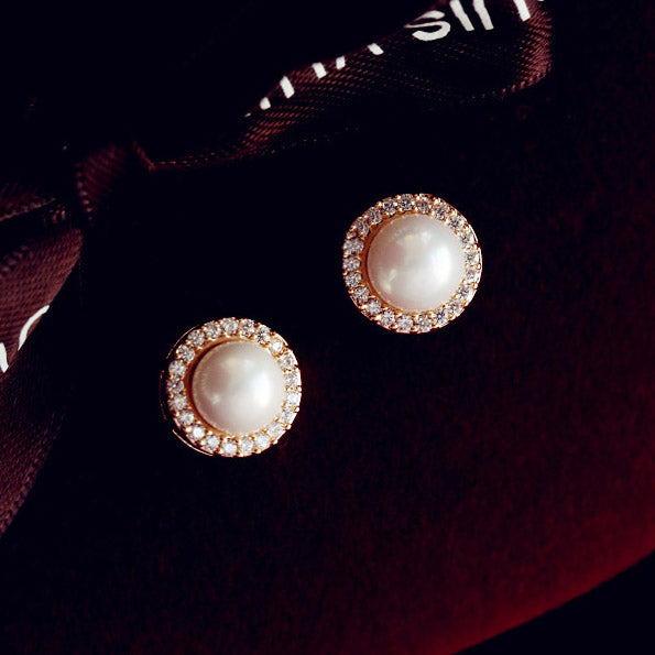 Fashion Elegant Round Small Sunflower Simulated Pearl Earrings With CZ Stone Girl Women Birthd Jewelry Rose Gold Color