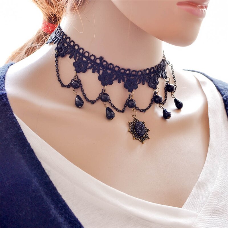 Ethnic Crystal Choker Necklace Women Black Pendant Crystal Rope Chain Lace Choker Necklace Vintage Jewelry For Women