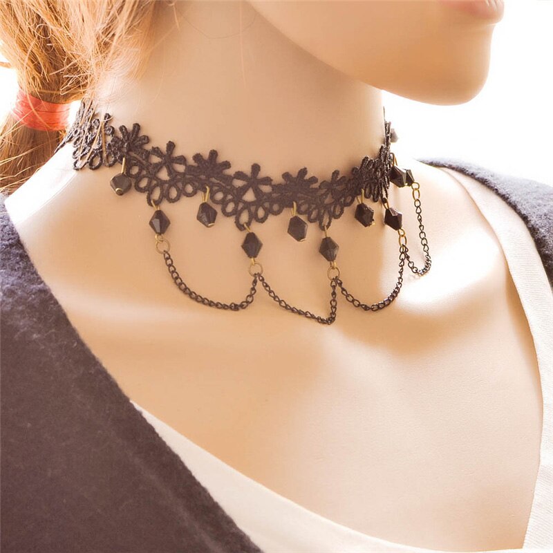 Ethnic Crystal Choker Necklace Women Black Pendant Crystal Rope Chain Lace Choker Necklace Vintage Jewelry For Women