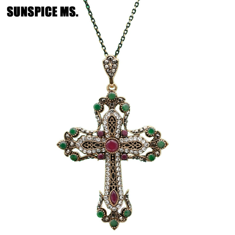 Ethnic Religious Jewelry Flower Cross Necklace Antique Gold Color Resin Women Sacred Spiritual Symbol Pendant Necklace