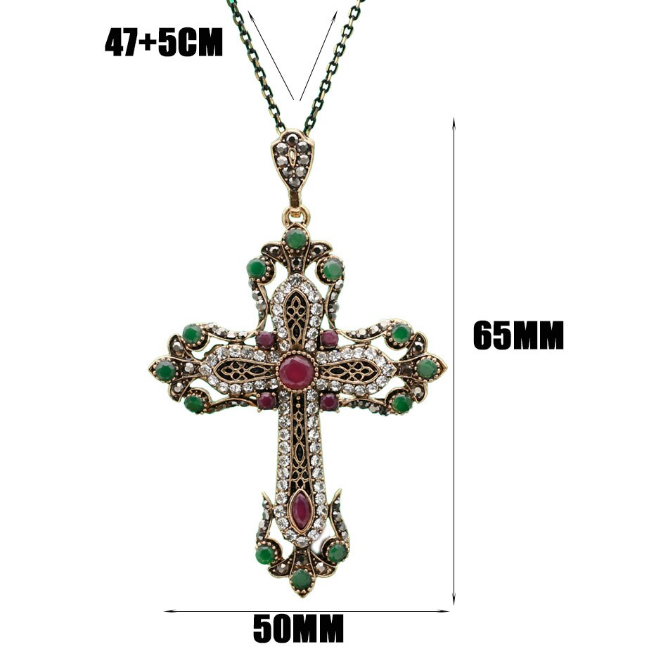 Ethnic Religious Jewelry Flower Cross Necklace Antique Gold Color Resin Women Sacred Spiritual Symbol Pendant Necklace