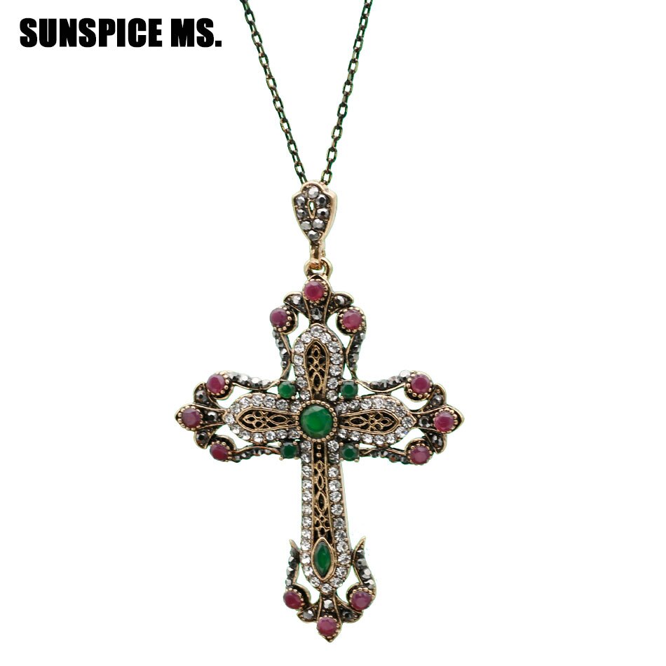 Ethnic Religious Jewelry Flower Cross Necklace Antique Gold Color Resin Women Sacred Spiritual Symbol Pendant Necklace