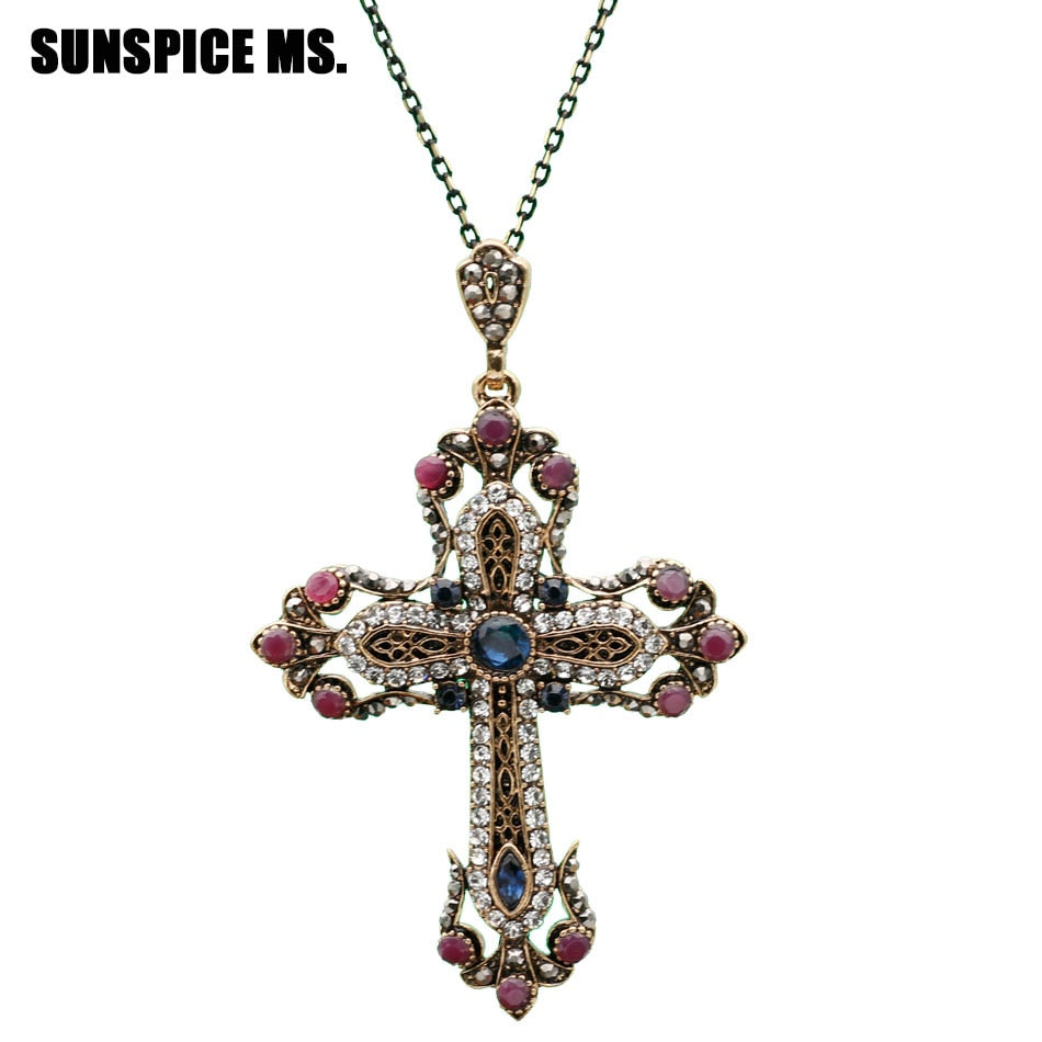 Ethnic Religious Jewelry Flower Cross Necklace Antique Gold Color Resin Women Sacred Spiritual Symbol Pendant Necklace