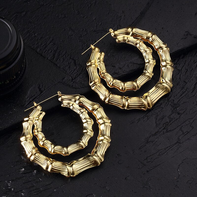 Ethnic Style Geometric Hoop Earrings For Women Gold Color Stainless Steel Bamboo Punk Women Big Hollow Creole Bijoux