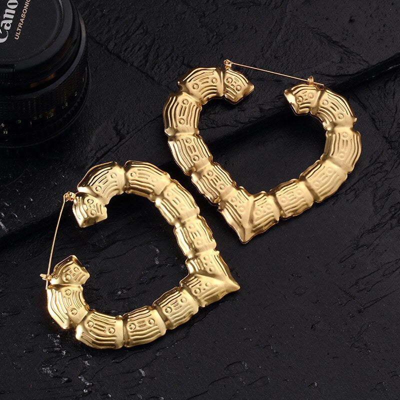 Ethnic Style Geometric Hoop Earrings For Women Gold Color Stainless Steel Bamboo Punk Women Big Hollow Creole Bijoux