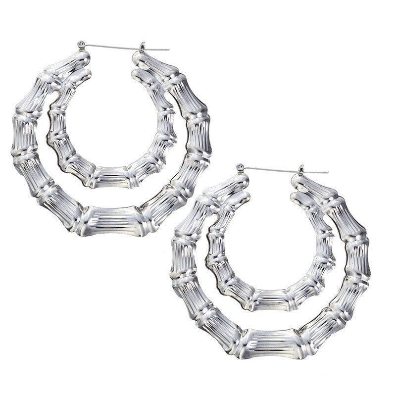 Ethnic Style Geometric Hoop Earrings For Women Gold Color Stainless Steel Bamboo Punk Women Big Hollow Creole Bijoux