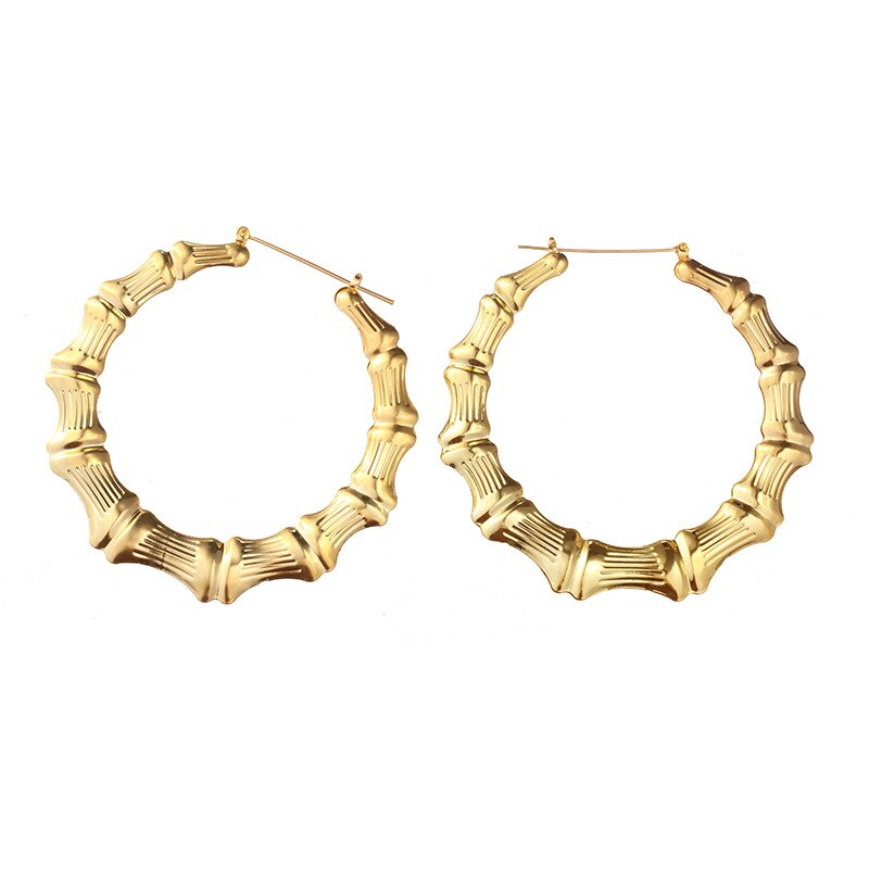 Ethnic Style Geometric Hoop Earrings For Women Gold Color Stainless Steel Bamboo Punk Women Big Hollow Creole Bijoux