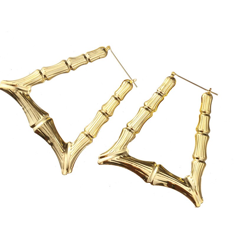 Ethnic Style Geometric Hoop Earrings For Women Gold Color Stainless Steel Bamboo Punk Women Big Hollow Creole Bijoux