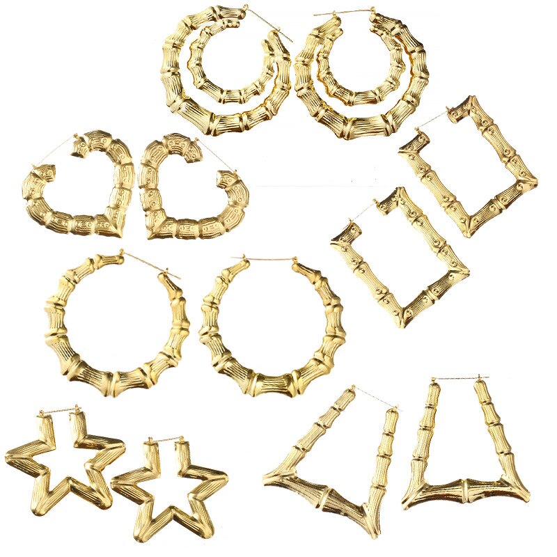 Ethnic Style Geometric Hoop Earrings For Women Gold Color Stainless Steel Bamboo Punk Women Big Hollow Creole Bijoux