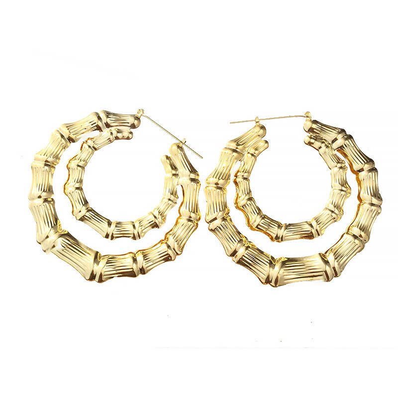 Ethnic Style Geometric Hoop Earrings For Women Gold Color Stainless Steel Bamboo Punk Women Big Hollow Creole Bijoux