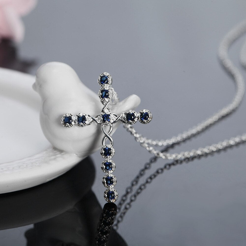 Female Cross Pendants 925 Stamp Silver Color Blue Zircon Cross Pendant Necklace Jewelry For Men/Women