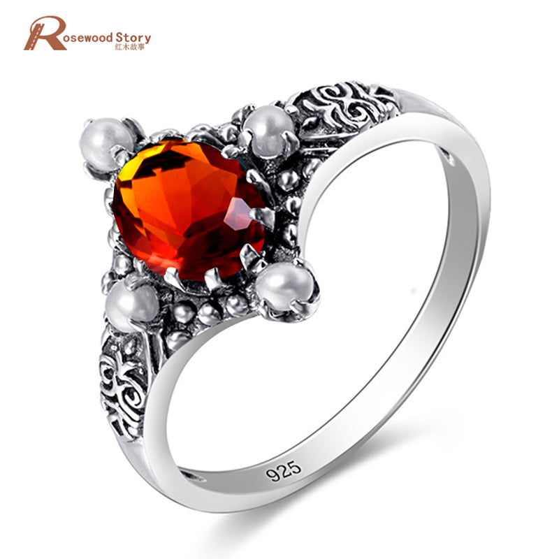 Fashion Female Ring Pearl Brown Amber Silver Sterling 925 Retro Oval Shape Luxury Brand Jewelry for Women Classic Engagement