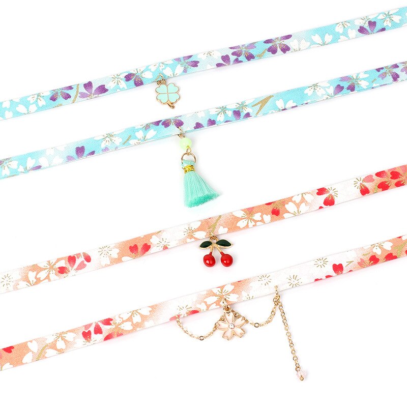 Floral Printed Choker Necklace Cherry Harajuku Sakura Tassel Pendant  For Women Summer Necklace Jewelry Accessories