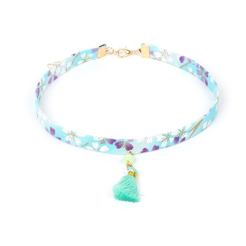 Floral Printed Choker Necklace Cherry Harajuku Sakura Tassel Pendant  For Women Summer Necklace Jewelry Accessories