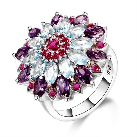 Fashion Flower Rings For Women Purple Blue Spinel Gemstone ring 925 Sterling Silver Jewelry Party Anniversary Gift Wholesale