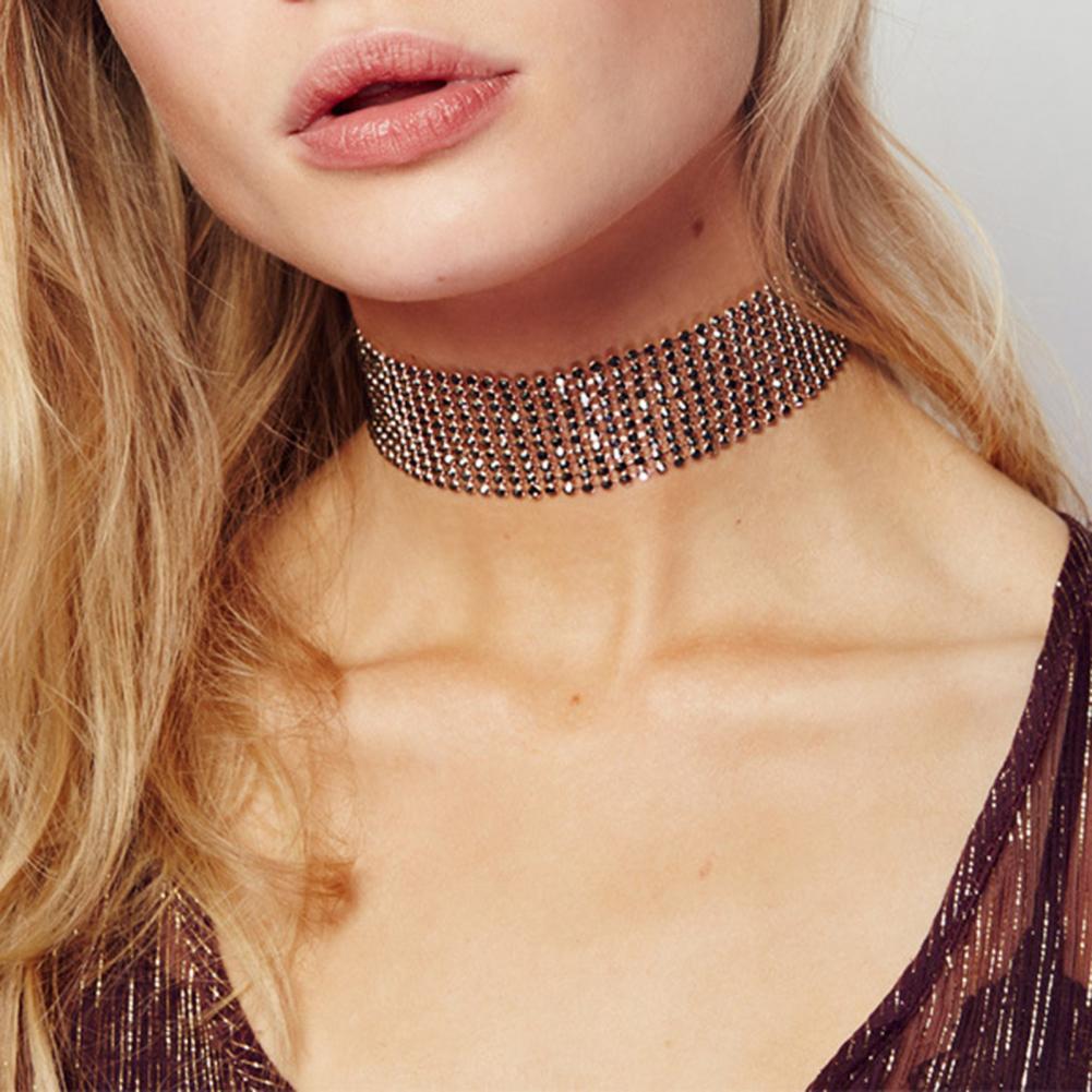 Full Rhinestone Wide Choker Collar Alloy Adjustable Gothic Choker Necklace Jewelry Gift Stylish Chic Women Metal Choker