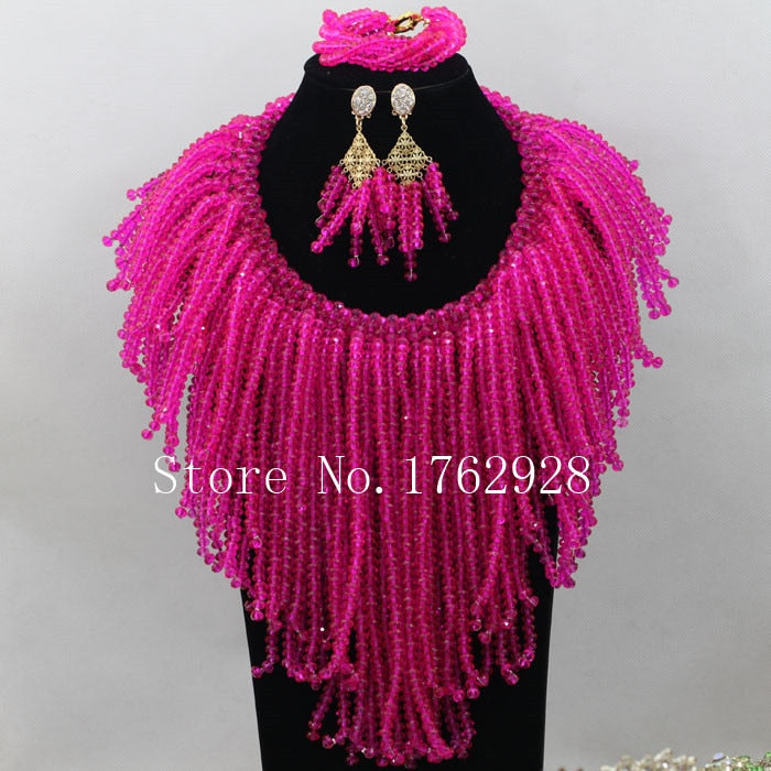 Fashion Fuschia Chunky Bib Statement Necklace Set Dubai Costume African Bridesmaid Gift Jewelry Sets   LI020