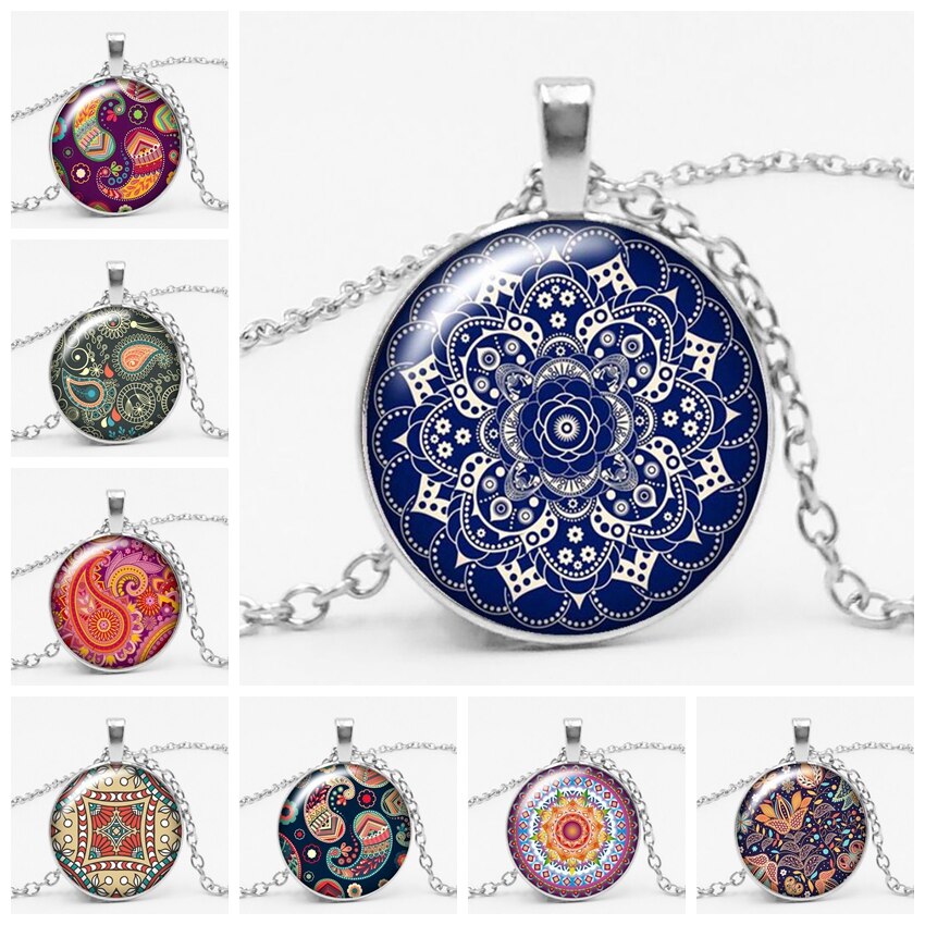 Glamour Girl Nationality Wind  Series Buddhist Yoga Mandala Glass Gem Necklace Round Top Pendant Necklace Jewelry