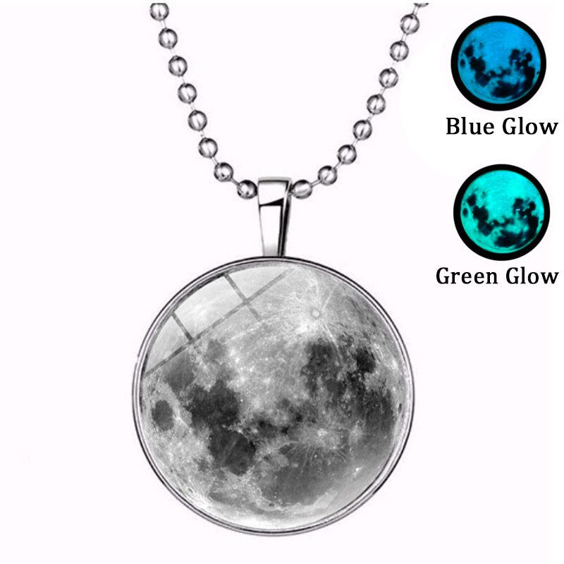 Glow in the Dark Luminous Star Series Planet Moon Pendant Necklace Crystal Glass Cabochon Galaxy Christmas Gift Jewelry