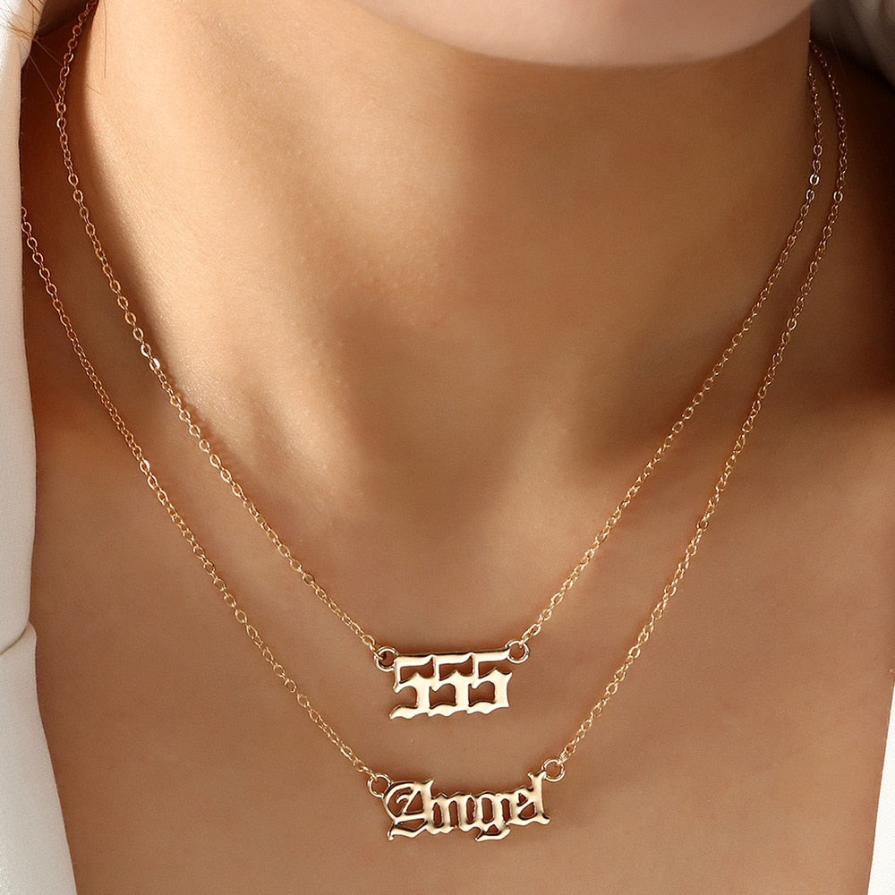 Gold Alloy Angel Lucky Number Letter Multi-layer Chain Pendant Necklace For Women Metal Letter Girl Gift Accessories
