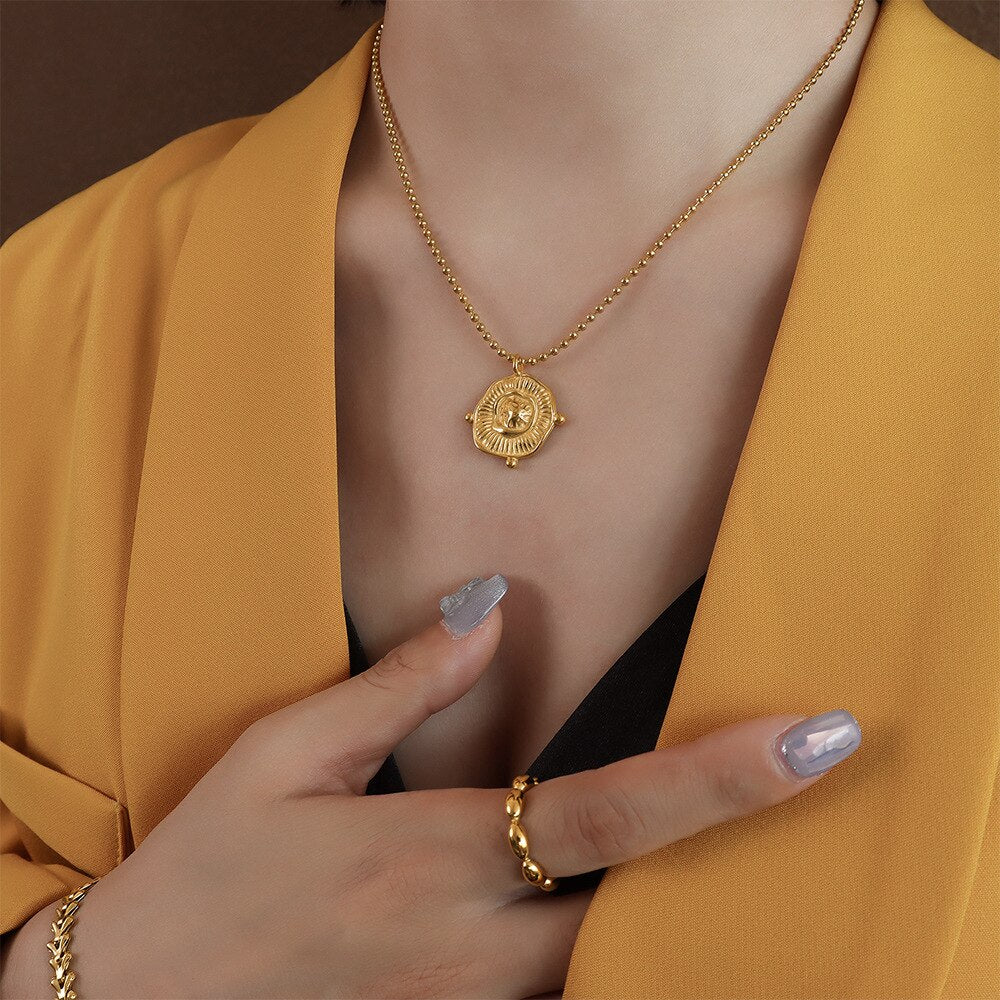 Gold Color 316L Stainless Steel Geometric Pendant Necklace For Women,Trendy Beads Chain Necklaces Woman Jewelry 2022