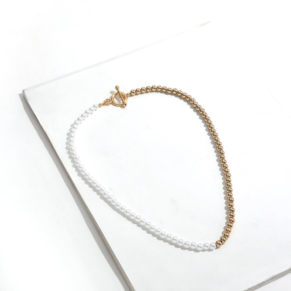 Gold Color Beaded Mixed Imitation Pearl Choker Necklace for Women Toggle Clasp Clavicle Necklace Wedding Collar Jewelry