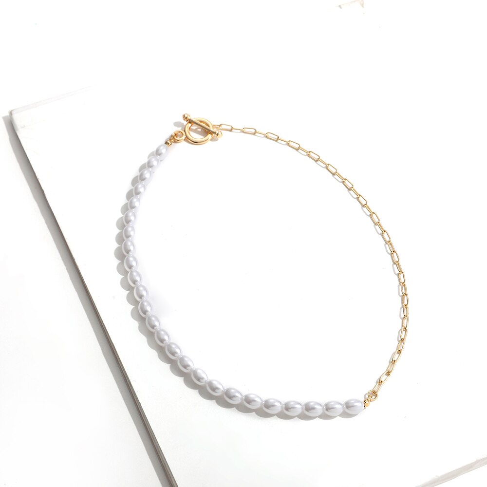 Gold Color Beaded Mixed Imitation Pearl Choker Necklace for Women Toggle Clasp Clavicle Necklace Wedding Collar Jewelry
