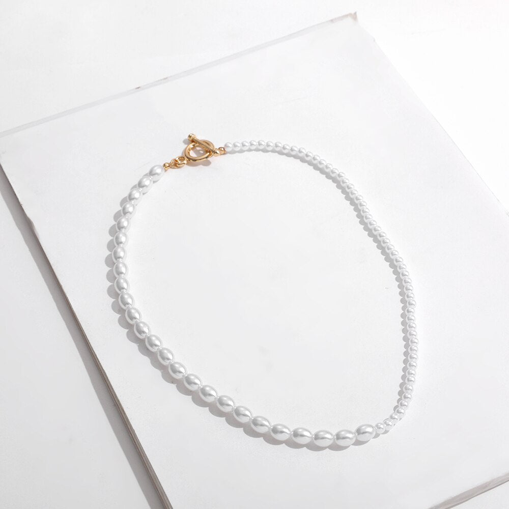 Gold Color Beaded Mixed Imitation Pearl Choker Necklace for Women Toggle Clasp Clavicle Necklace Wedding Collar Jewelry