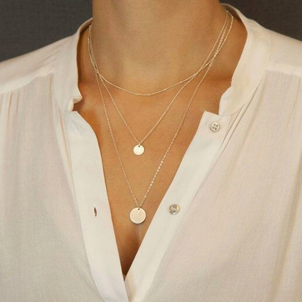 Gold Color Multi Layer Chain Necklace for Women Delicate Sequins Long Pendant Necklaces 2021 Bohemian Jewelry