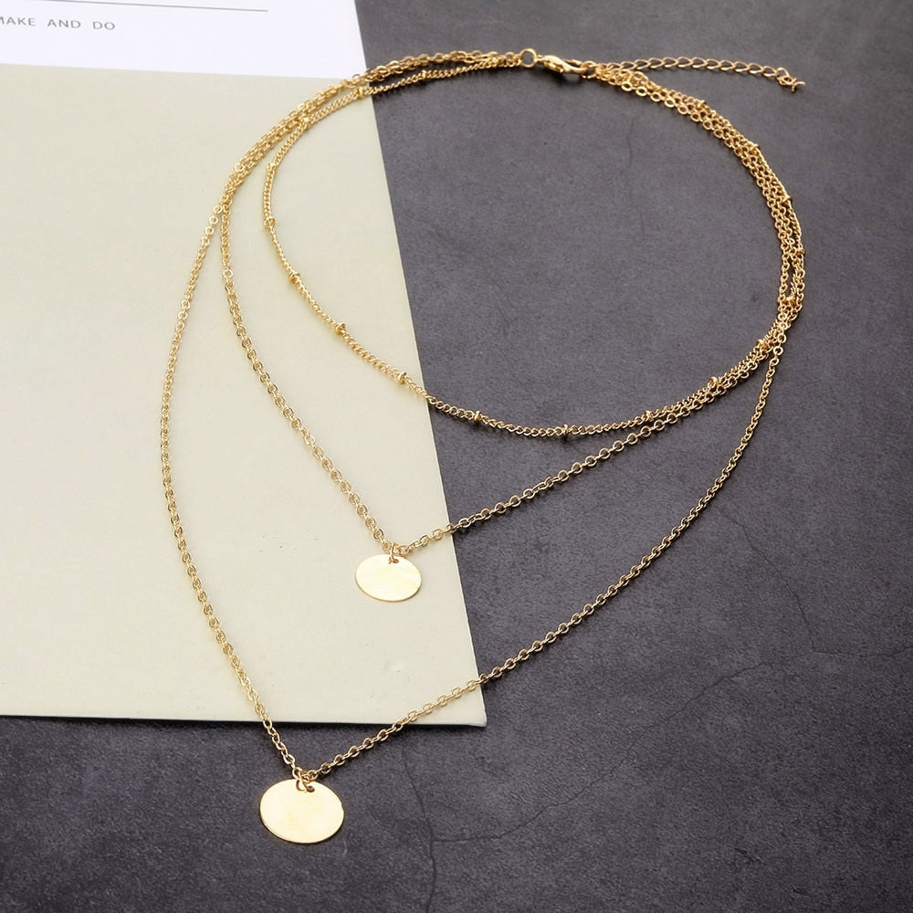 Gold Color Multi Layer Chain Necklace for Women Delicate Sequins Long Pendant Necklaces 2021 Bohemian Jewelry