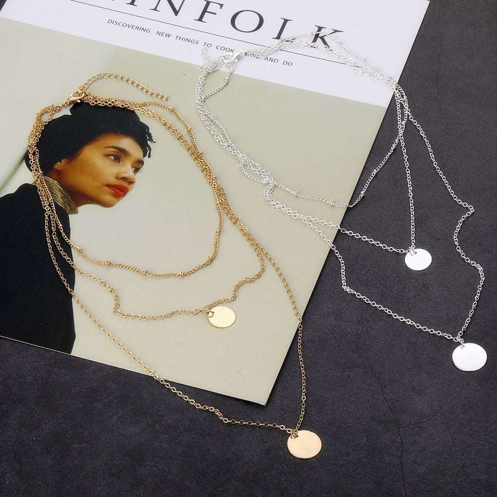 Gold Color Multi Layer Chain Necklace for Women Delicate Sequins Long Pendant Necklaces 2021 Bohemian Jewelry