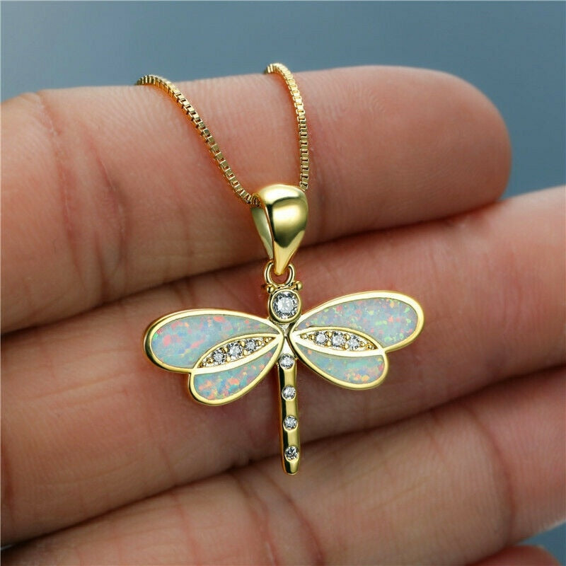 Gold Plated White Simulated Opal Dragonfly Pendant Necklace Jewelry