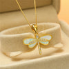 Gold Plated White Simulated Opal Dragonfly Pendant Necklace Jewelry