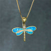 Gold Plated White Simulated Opal Dragonfly Pendant Necklace Jewelry