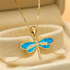 Gold Plated White Simulated Opal Dragonfly Pendant Necklace Jewelry