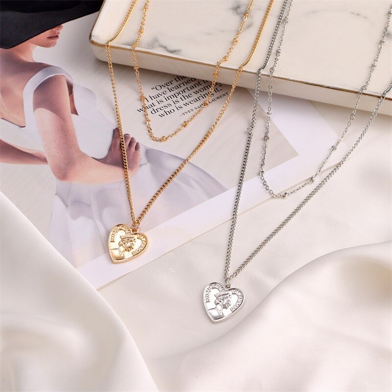 Gold Silver Color Heart Multi Layer Choker Necklace Jewelry Women Girls Simple Geometric Bijoux Femme Pendant Chain 2022