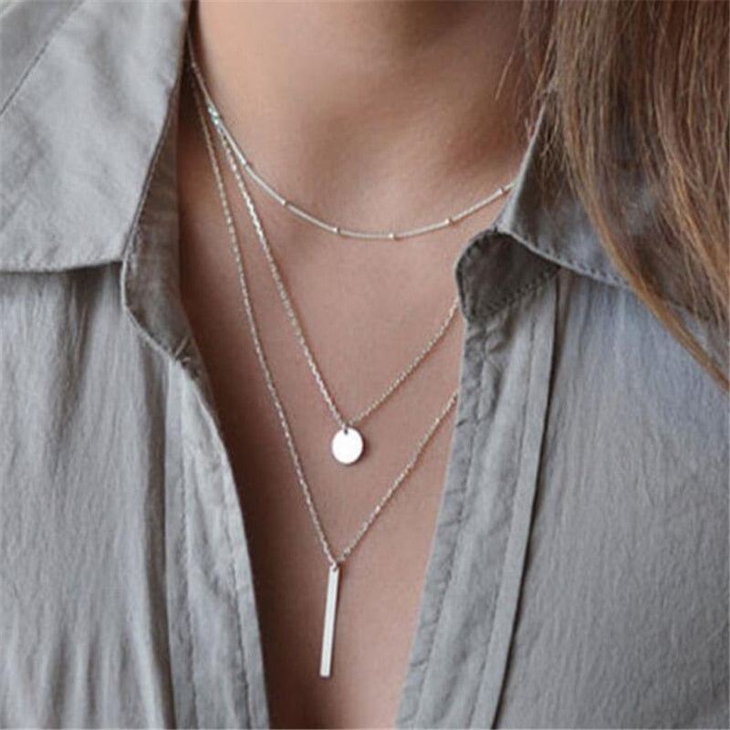 Gold Silver Color Multilayer Chain Necklaces & Pendants For Women Long Ladies Choker Necklace Jewelry Collier Femme Gift