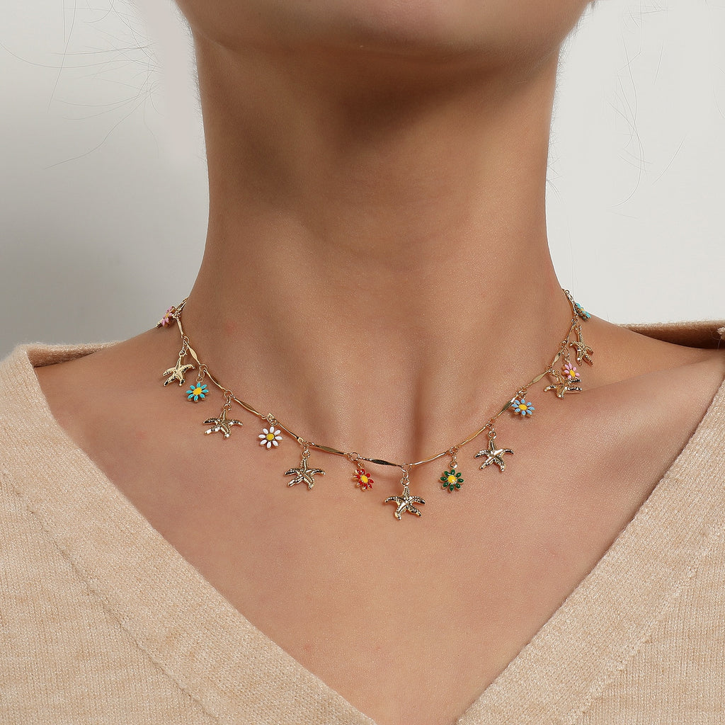 Gold Silver Color Starfish Flower Pendant Short Choker Necklace Women Personality Clavicle Hawaiian Casual Necklace
