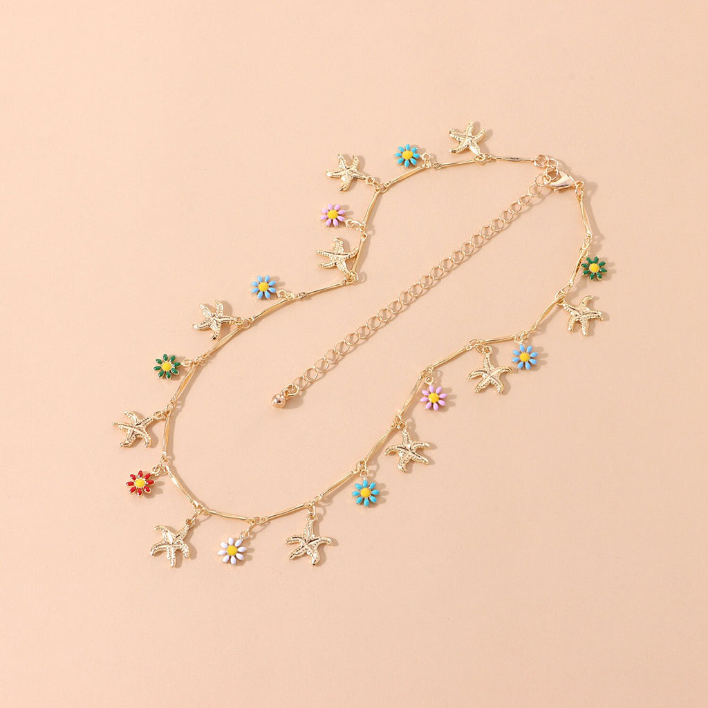 Gold Silver Color Starfish Flower Pendant Short Choker Necklace Women Personality Clavicle Hawaiian Casual Necklace