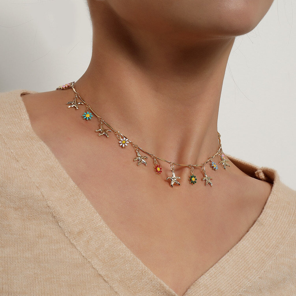 Gold Silver Color Starfish Flower Pendant Short Choker Necklace Women Personality Clavicle Hawaiian Casual Necklace