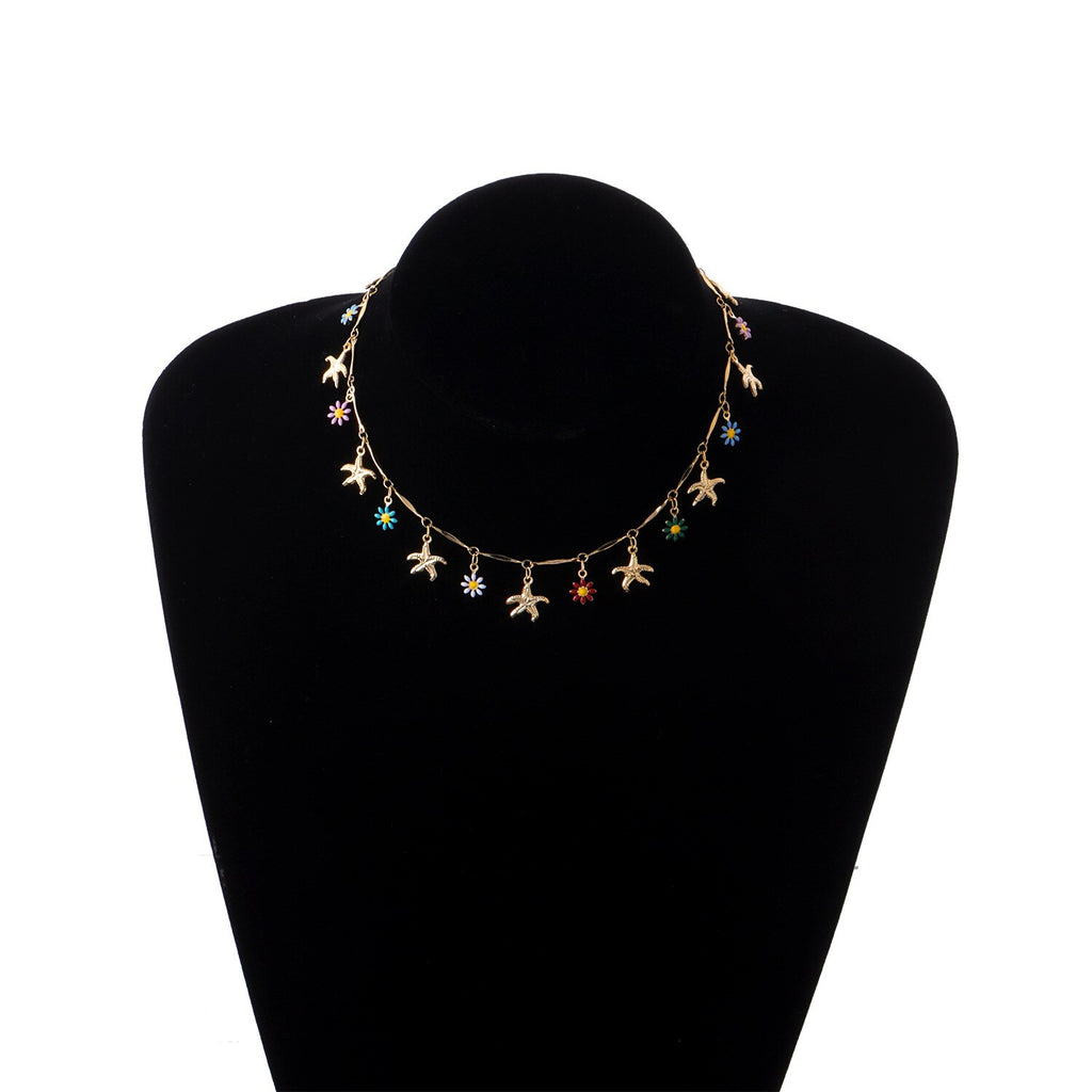 Gold Silver Color Starfish Flower Pendant Short Choker Necklace Women Personality Clavicle Hawaiian Casual Necklace