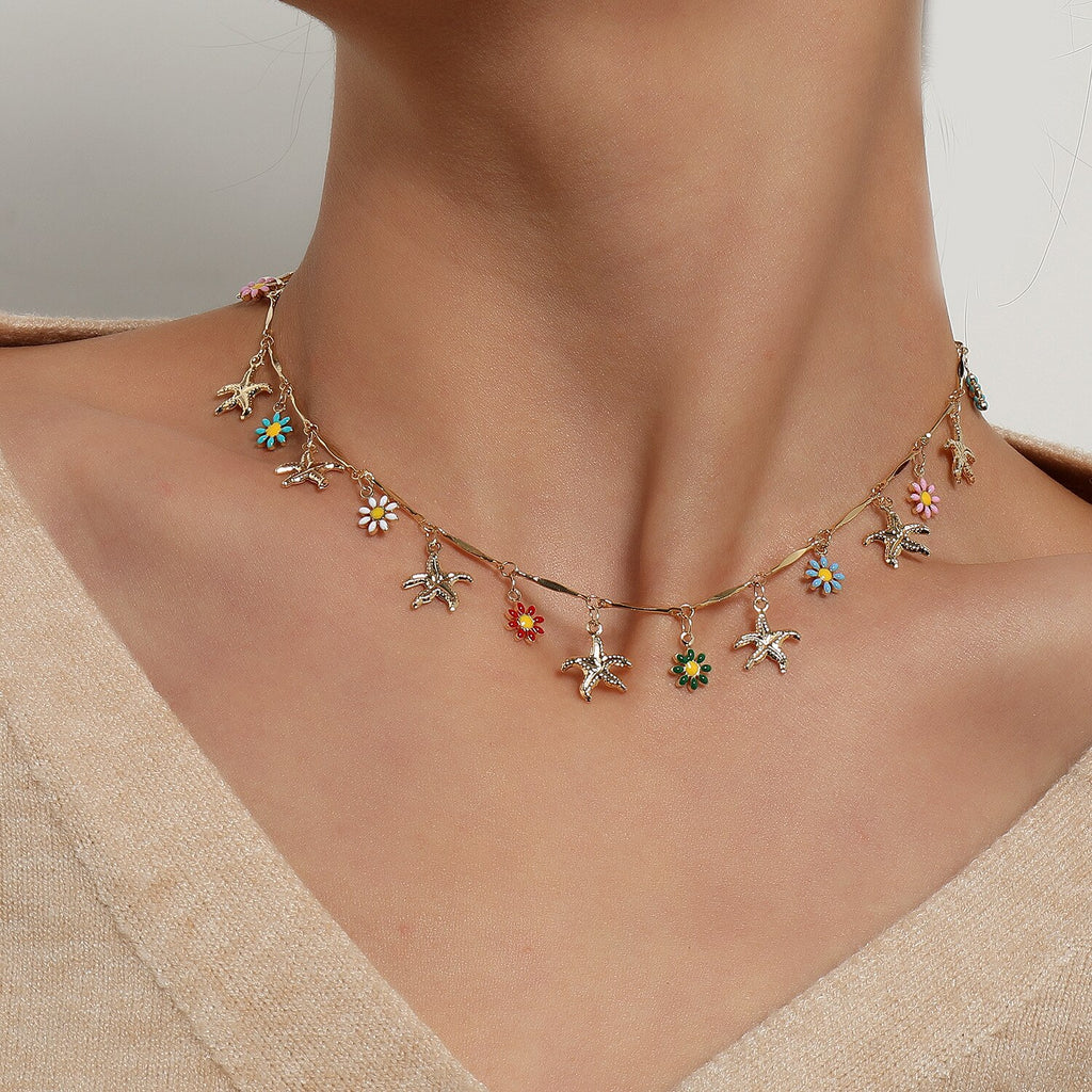 Gold Silver Color Starfish Flower Pendant Short Choker Necklace Women Personality Clavicle Hawaiian Casual Necklace