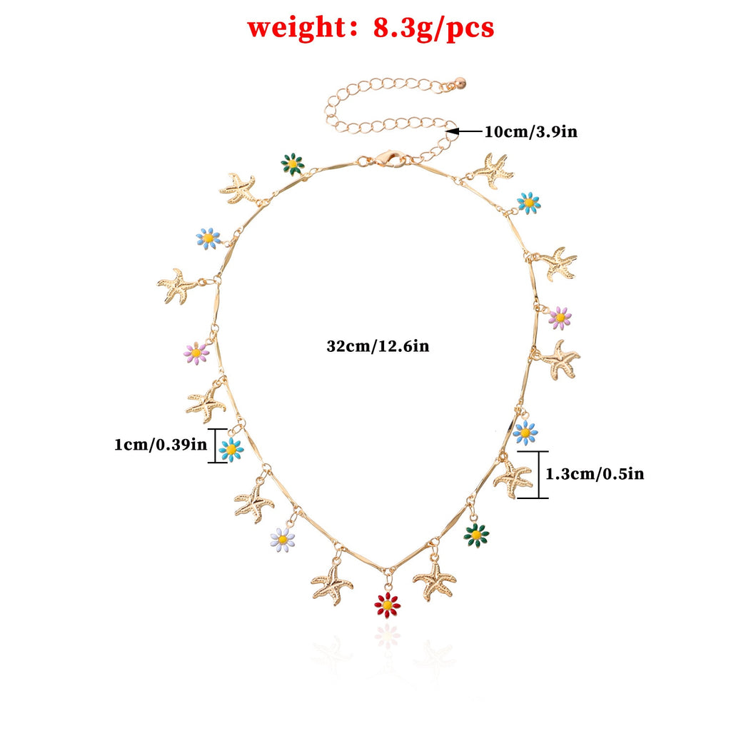 Gold Silver Color Starfish Flower Pendant Short Choker Necklace Women Personality Clavicle Hawaiian Casual Necklace