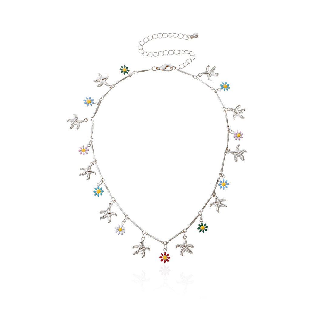 Gold Silver Color Starfish Flower Pendant Short Choker Necklace Women Personality Clavicle Hawaiian Casual Necklace