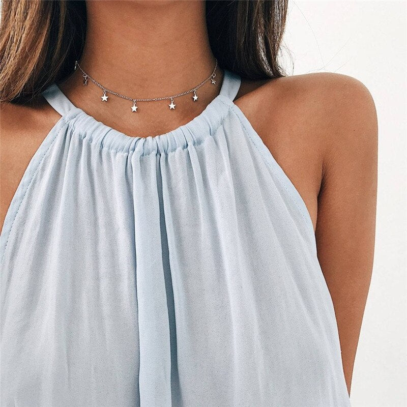 Gold Star Pendant Necklace For Women Sweet Silver Color Star Tassel Choker Necklaces Minimalist 2022 Trend Jewelry