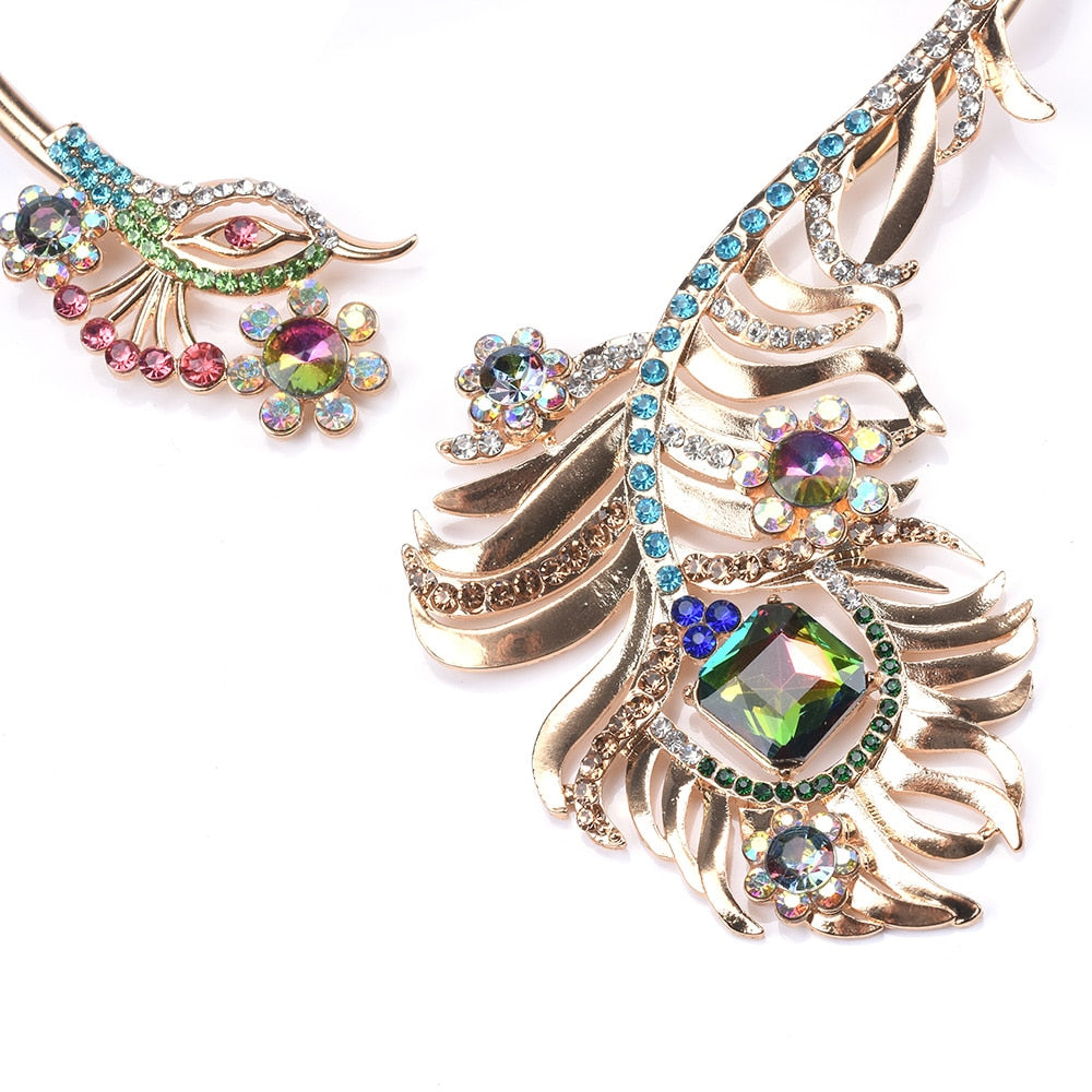 Golden Open Choker Necklace Women  Colorful Rhinestone Peacock Pendants Necklaces Jewelry 2021 Indian Necklace New