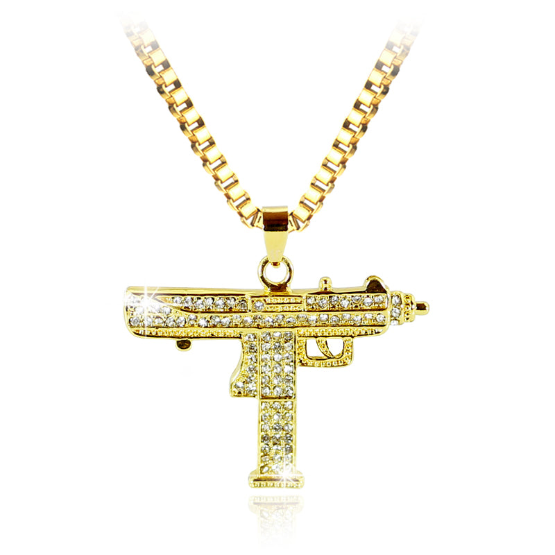 Fashion Golden Silver Color Uzi Gun Pendant Necklace Men Alloy Full Bling Submachine Gun 24inch long cuban link chain Women Gift
